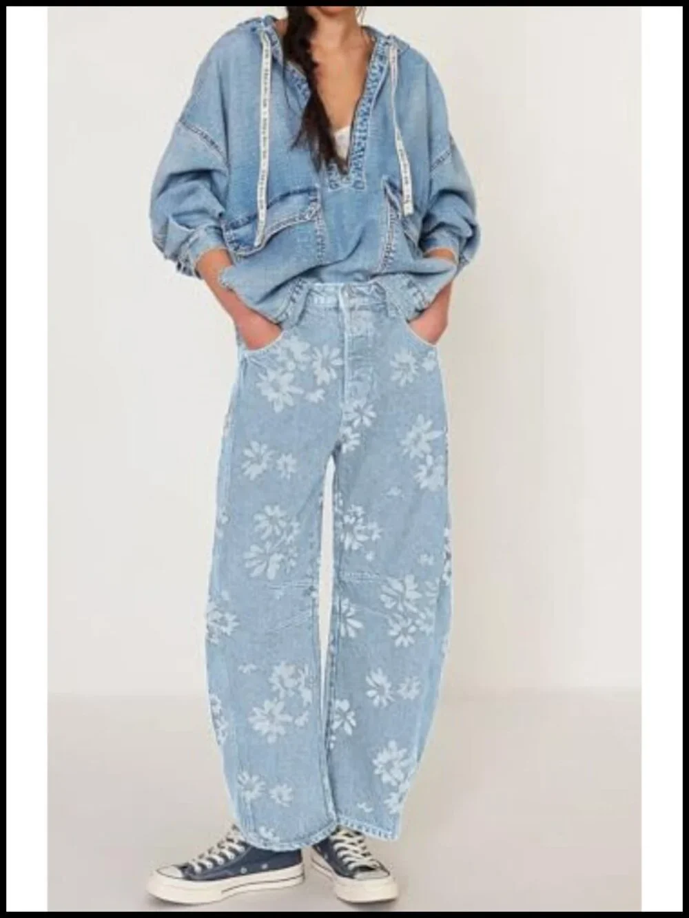 Y2k Distressed Barrel Jeans Baggy Wide Leg Floral Printed Boyfriend Patchwork